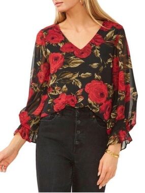 MSK for Vince Camuto Red Roses , Black Background Pullover Blouse NWT Sz M $79